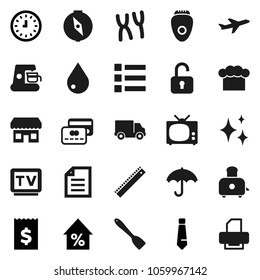 Flat vector icon set - water drop vector, shining, cook hat, spatula, toaster, ruler, compass, document, percent growth, receipt, clock, tie, plane, delivery, umbrella, tv, chromosomes, credit card