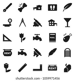 Flat vector icon set - water tap vector, welcome mat, washboard, rolling pin, chicken leg, pen, corner ruler, drawing compass, glass, tulip, big scales, broken bone, cottage, mailbox, rent signboard