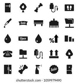 Flat vector icon set - water drop vector, welcome mat, sprayer, percent growth, top sign, sorting, classic phone, dropper, broken bone, counter, network folder, lan connector, bench, fruit tree