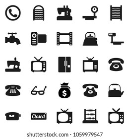 Flat vector icon set - water tap vector, washboard, kettle, glasses, abacus, money bag, big scales, film frame, tv, video camera, classic phone, fridge, closed, sewing machine