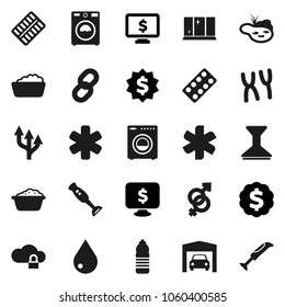 Flat vector icon set - water drop vector, car fetlock, washer, foam basin, shining window, blender, dollar medal, monitor, bottle, ambulance star, gender sign, pills blister, chromosomes, cloud lock