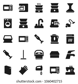 Flat vector icon set - water tap vector, vacuum cleaner, mop, sponge, car fetlock, washing powder, rubber glove, microwave oven, double boiler, blender, washer, dishwasher, mixer, coffee maker