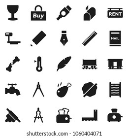 Flat vector icon set - water tap vector, splotch, washboard, rolling pin, thermometer, chicken leg, pen, pencil, corner ruler, drawing compass, Railway carriage, glass, big scales, hdmi, broken bone