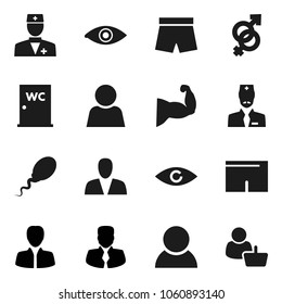 Flat vector icon set - water closet vector, manager, muscule hand, shorts, doctor, eye, gender sign, sperm, user, consumer, customer