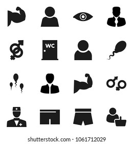 Flat vector icon set - water closet vector, manager, muscule hand, shorts, doctor, eye, gender sign, sperm, user, customer