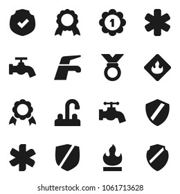 Flat vector icon set - water tap vector, medal, protected, flammable, ambulance star, shield