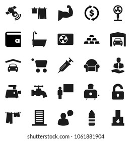 Flat vector icon set - water tap vector, bath, drying clothes, toaster, blackboard, exchange, wallet, gold ingot, muscule hand, bottle, client, satellitie, speaking man, syringe, garage, unlock, fan