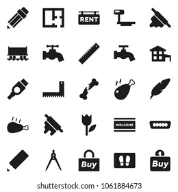 Flat vector icon set - water tap vector, welcome mat, rolling pin, chicken leg, pen, pencil, corner ruler, drawing compass, Railway carriage, tulip, big scales, hdmi, broken bone, cottage, plan, buy