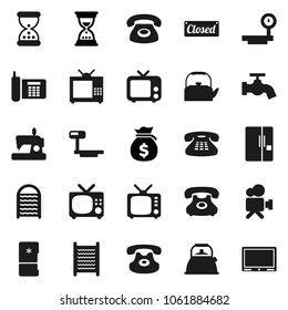 Flat vector icon set - water tap vector, washboard, kettle, money bag, sand clock, phone, big scales, tv, video camera, classic, fridge, closed, sewing machine