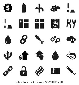 Flat vector icon set - water drop vector, window cleaning, toilet brush, shining, blender, dollar growth, medal, bottle, route, gender sign, pills blister, chromosomes, cloud lock, chain, arrow