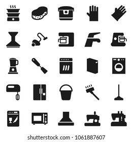 Flat vector icon set - water tap vector, vacuum cleaner, mop, bucket, sponge, car fetlock, washing powder, rubber glove, spatula, microwave oven, fridge, washer, dishwasher, mixer, coffee maker