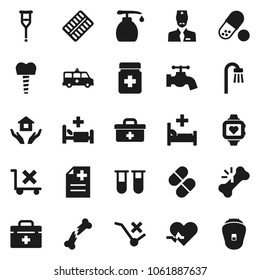 Flat vector icon set - water tap vector, liquid soap, house hold, pills, heart monitor, no trolley, doctor bag, pulse, vial, crutches, broken bone, bottle, blister, anamnesis, hospital bed, bath