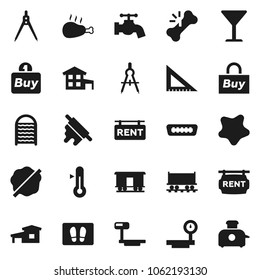 Flat vector icon set - water tap vector, splotch, welcome mat, washboard, rolling pin, thermometer, chicken leg, corner ruler, drawing compass, Railway carriage, glass, big scales, hdmi, broken bone