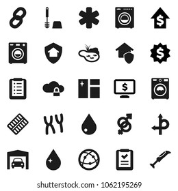 Flat vector icon set - water drop vector, window cleaning, toilet brush, washer, dollar growth, medal, monitor, route, internet, ambulance star, gender sign, pills blister, chromosomes, cloud lock