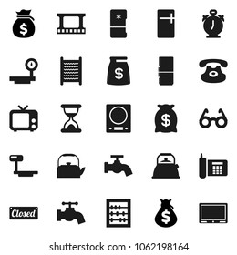 Flat vector icon set - water tap vector, washboard, kettle, glasses, alarm clock, abacus, money bag, phone, big scales, film frame, tv, classic, sand, fridge, closed, kitchen