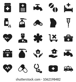 Flat vector icon set - water tap vector, liquid soap, house hold, heart pulse, pills vial, buttocks, first aid kit, no trolley, doctor bag, ambulance star, crutches, stethoscope, bottle, anamnesis