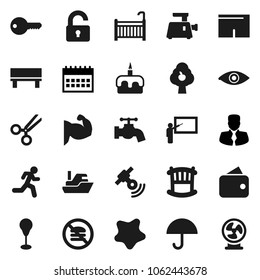 Flat vector icon set - water tap vector, splotch, cake, blackboard, manager, calendar, punching bag, muscule hand, shorts, no fastfood, run, ship, umbrella, satellitie, eye, scissors, bench, key