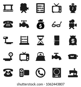 Flat vector icon set - water tap vector, kettle, glasses, alarm clock, abacus, money bag, big scales, film frame, tv, video camera, classic phone, sand, fridge, kitchen, sewing machine