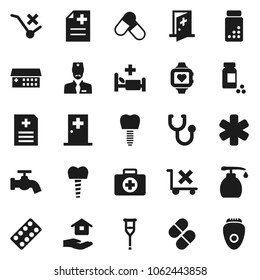 Flat vector icon set - water tap vector, liquid soap, house hold, pills vial, heart monitor, first aid kit, no trolley, ambulance star, crutches, stethoscope, blister, anamnesis, hospital bed