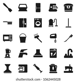 Flat vector icon set - water tap vector, vacuum cleaner, fetlock, mop, bucket, sponge, car, spatula, microwave oven, fridge, washer, dishwasher, mixer, coffee maker, hood, multi cooker, blender
