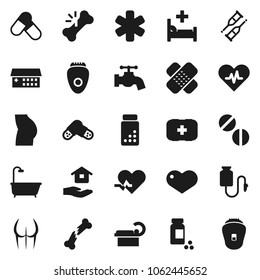 Flat vector icon set - water tap vector, house hold, pills vial, buttocks, first aid kit, heart, ambulance star, pulse, crutches, broken bone, patch, hospital bed, building, tomography, drop counter
