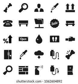 Flat vector icon set - water drop vector, welcome mat, sprayer, percent growth, consolidated cargo, top sign, classic phone, magnifier, dropper, broken bone, counter, network folder, lan connector
