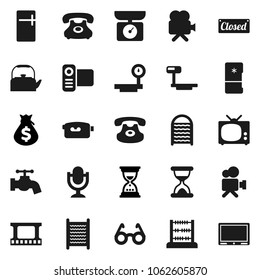 Flat vector icon set - water tap vector, washboard, kettle, glasses, abacus, money bag, sand clock, phone, big scales, film frame, video camera, microphone, classic, tv, closed, fridge, kitchen