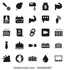 Flat vector icon set - water drop vector, skimmer, backpack, certificate, personal information, leaf, tie, muscule hand, earth, link, forward button, usb modem, lan connector, message, connection