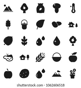 Flat vector icon set - water drop vector, camping cauldron, thermometer, cereal, mushroom, potato, leaf, diet, cereals, blood, chalet, pond, fruit tree, mountain, flower in pot