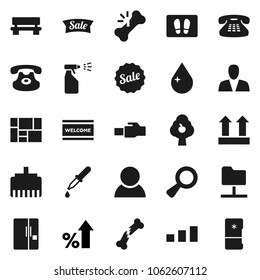 Flat vector icon set - water drop vector, welcome mat, sprayer, percent growth, consolidated cargo, top sign, sorting, classic phone, magnifier, dropper, broken bone, network folder, lan connector
