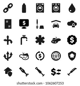 Flat vector icon set - water drop vector, window cleaning, toilet brush, washer, blender, exchange, dollar medal, monitor, bottle, route, internet, ambulance star, cloud lock, chain, arrow, pond