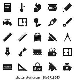 Flat vector icon set - water tap vector, welcome mat, washboard, rolling pin, thermometer, pen, pencil, corner ruler, drawing compass, Railway carriage, tulip, hdmi, broken bone, mailbox, plan, buy