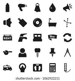 Flat vector icon set - water tap vector, towel, drop, bath, cutting board, drawing compass, constellation, calculator, scales, bottle, disk, speaker, thumbtack, eye doctor hat, amkbulance car, user