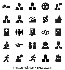 Flat vector icon set - water closet vector, student, manager, man, stairways run, client, speaking, doctor, gender sign, eye hat, head bandage, medical room, consumer, support