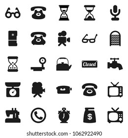 Flat vector icon set - water tap vector, washboard, kettle, glasses, alarm clock, sand, phone, big scales, tv, video camera, microphone, classic, money bag, closed, fridge, kitchen, sewing machine
