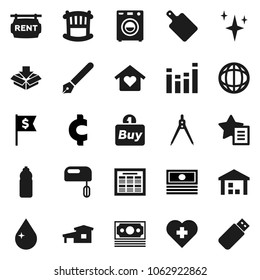 Flat vector icon set - water drop vector, shining, cutting board, pen, drawing compass, schedule, world, cash, dollar flag, cent sign, bottle, heart cross, money, warehouse, equalizer, favorites