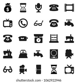 Flat vector icon set - water tap vector, kettle, glasses, abacus, money bag, sand clock, film frame, tv, video camera, microphone, classic phone, fridge, kitchen scales, sewing machine