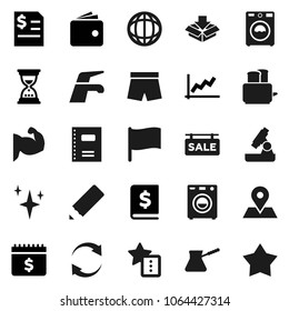 Flat vector icon set - water tap vector, shining, washer, turk coffee, toaster, copybook, pencil, microscope, world, flag, graph, wallet, annual report, sand clock, dollar calendar, muscule hand