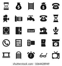 Flat vector icon set - water tap vector, washboard, glasses, alarm clock, abacus, money bag, sand, phone, film frame, video camera, microphone, classic, fridge, closed, kitchen scales, tv