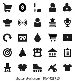 Flat vector icon set - water drop vector, toilet brush, cook hat, toaster, cookbook, bell, university, cart, dollar shield, clipboard, boxing glove, roller Skates, satellite, support, microphone