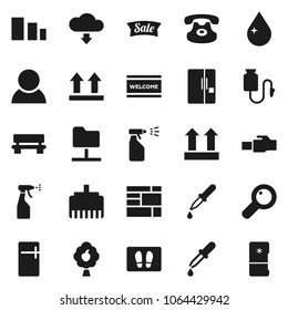 Flat vector icon set - water drop vector, welcome mat, sprayer, consolidated cargo, top sign, sorting, classic phone, magnifier, dropper, counter, network folder, lan connector, bench, fruit tree