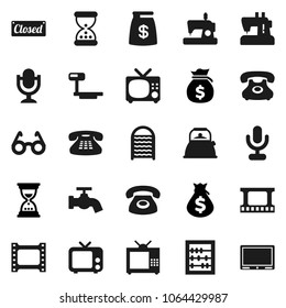 Flat vector icon set - water tap vector, washboard, kettle, glasses, abacus, money bag, sand clock, phone, big scales, film frame, tv, microphone, classic, closed, sewing machine