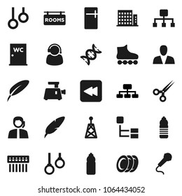 Flat vector icon set - water closet vector, plates, pen, hierarchy, roller Skates, bottle, gymnast rings, support, antenna, backward button, dna, scissors, hub, rooms signboard, apartments, consumer
