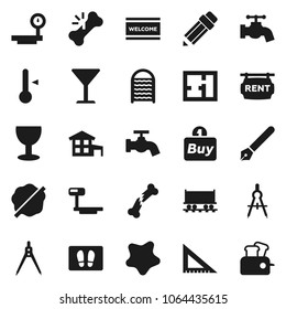 Flat vector icon set - water tap vector, splotch, welcome mat, washboard, thermometer, pen, pencil, corner ruler, drawing compass, Railway carriage, glass, big scales, broken bone, cottage, plan