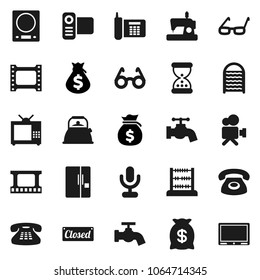 Flat vector icon set - water tap vector, washboard, kettle, glasses, abacus, money bag, phone, film frame, video camera, microphone, classic, sand clock, fridge, tv, closed, kitchen scales