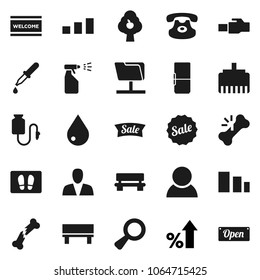 Flat vector icon set - water drop vector, welcome mat, sprayer, percent growth, sorting, classic phone, magnifier, dropper, broken bone, counter, network folder, lan connector, bench, fruit tree