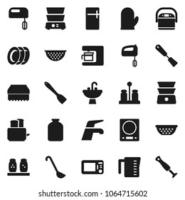 Flat vector icon set - water tap vector, sponge, plates, sink, colander, measuring cup, cook glove, spatula, ladle, toaster, double boiler, spices, jar, fridge, mixer, coffee maker, multi cooker
