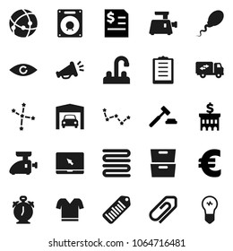 Flat vector icon set - water tap vector, towel, alarm clock, archive, constellation, auction, annual report, bank building, euro sign, t shirt, clipboard, barcode, notebook pc, eye, sperm, garage