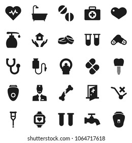 Flat vector icon set - water tap vector, liquid soap, house hold, heart pulse, monitor, first aid kit, no trolley, vial, crutches, broken bone, stethoscope, pills, tomography, drop counter, doctor