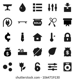 Flat vector icon set - water drop vector, splotch, thermometer, leaf, money bag, presentation board, tie, cent sign, jump rope, skateboard, tulip, package, settings, equalizer, share, unlock, pool